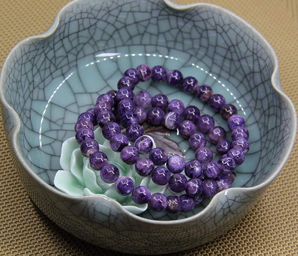 Natural Russian Charoite Gemstone 8mm Round Beads Stretch Bracelet 7inch Unisex