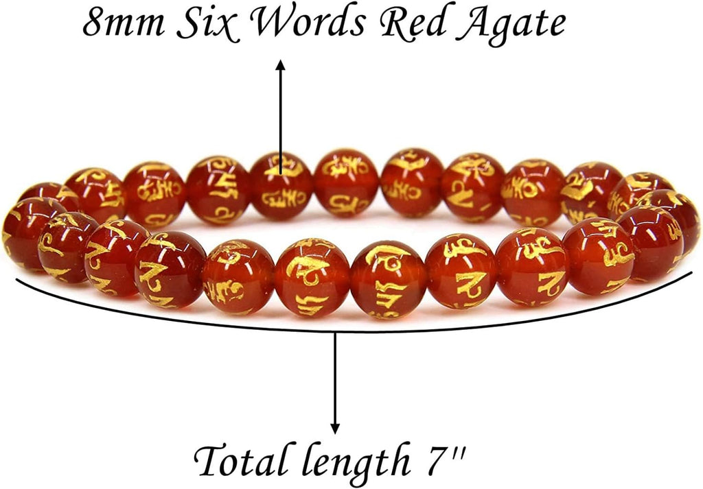 Angelstones Natural Six Words Red Agate 8mm Round Beads Stretch Bracelet 7inch Unisex
