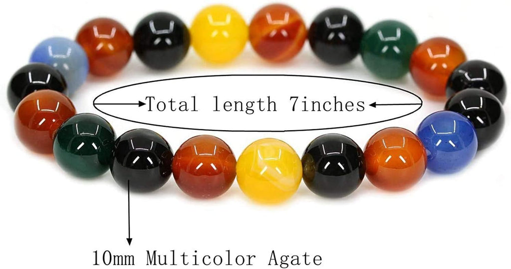 Angelstones Natural Multicolor Agate Genuine Semi-Precious Gemstones Healing 10mm Beaded Stretch Bracelet 7inch Unisex