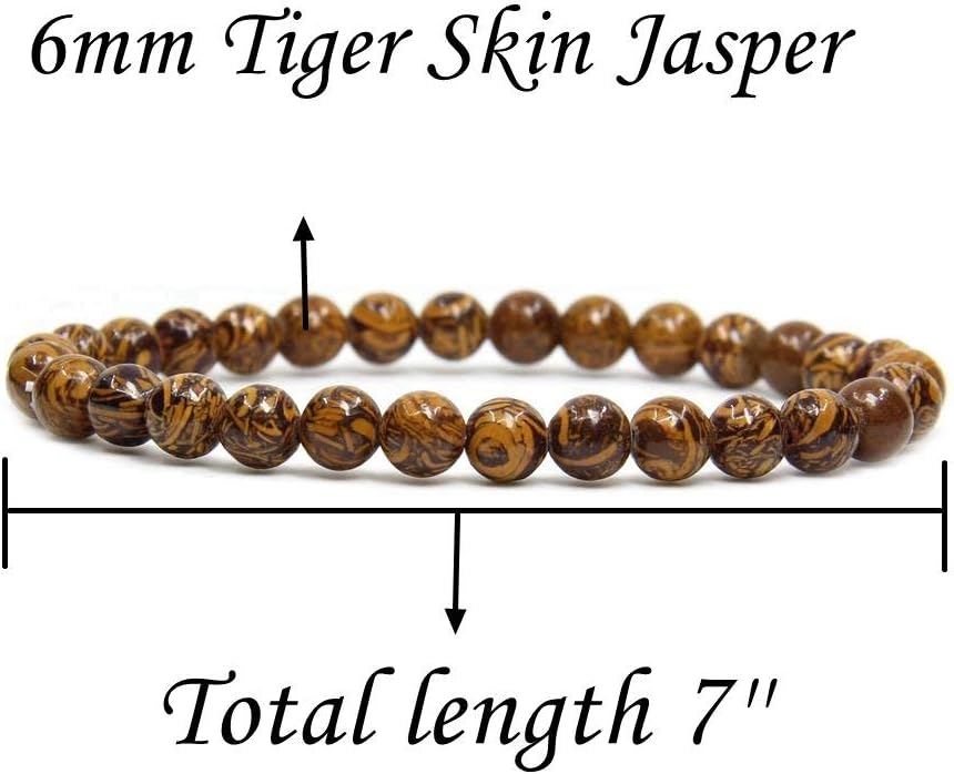 Angelstones Natural Tiger Skin Jasper Gemstone 6mm Round Beads Stretch Bracelet 7inch Unisex