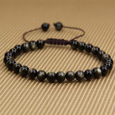 Natural AA Grade Golden Obsidian Gemstone 6mm Round Beads Adjustable Bracelet 7inch Unisex