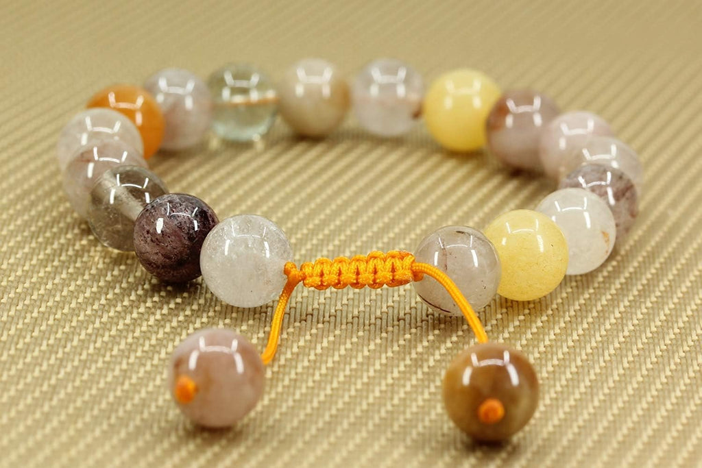 Angelstones Handmade Gemstone 10mm Multicolor Rutilated Quartz Round Beads Adjustable Braided Macrame Tassels Chakra Reiki Bracelets 7-9 inch Unisex