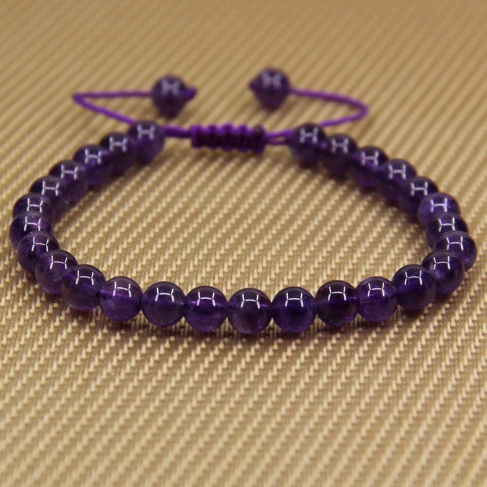 Natural A Grade Amethyst Gemstone 6mm Round Beads Adjustable Bracelet 7inch Unisex
