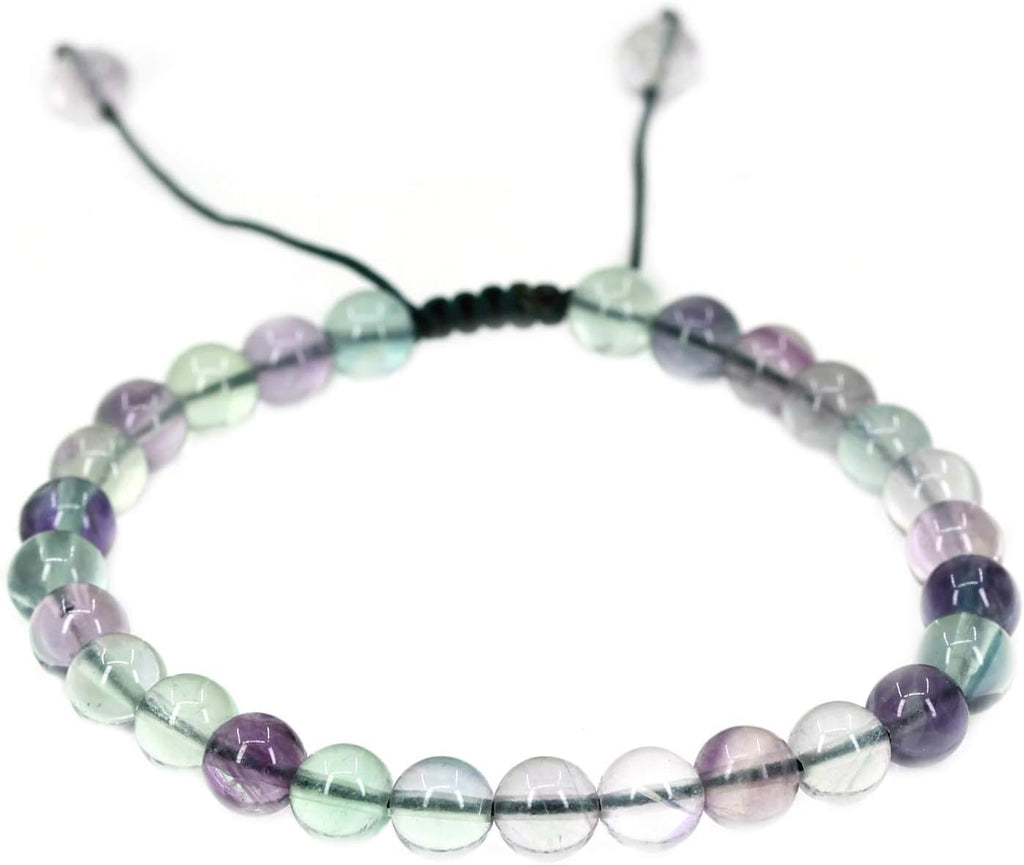 Angelstones Handmade Gemstone 6mm AAA Grade Rainbow Fluorite Round Beads Adjustable Braided Macrame Tassels Chakra Reiki Bracelets 7-9 inch Unisex