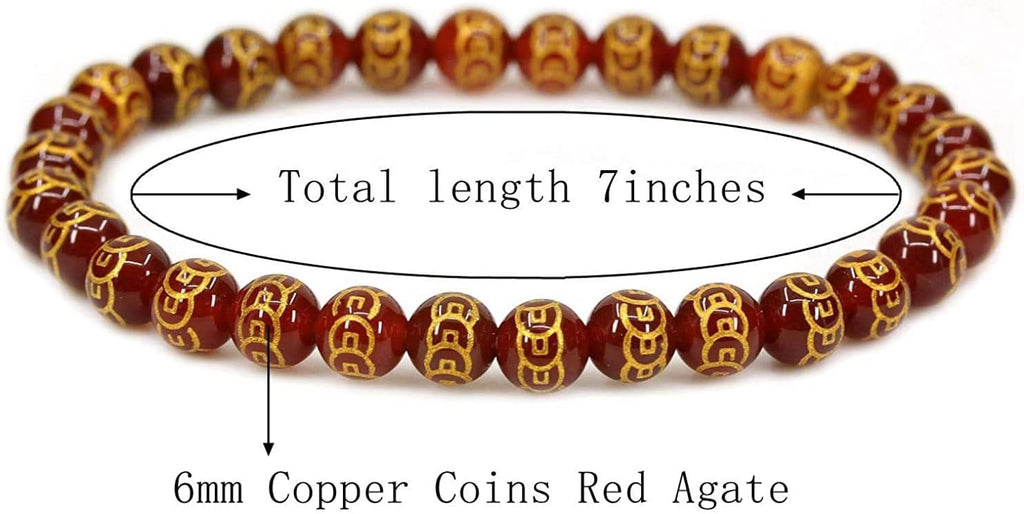 Natural Copper Coins Red Agate Gemstone 6mm Round Beads Stretch Bracelet 7inch Unisex
