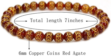 Natural Copper Coins Red Agate Gemstone 6mm Round Beads Stretch Bracelet 7inch Unisex