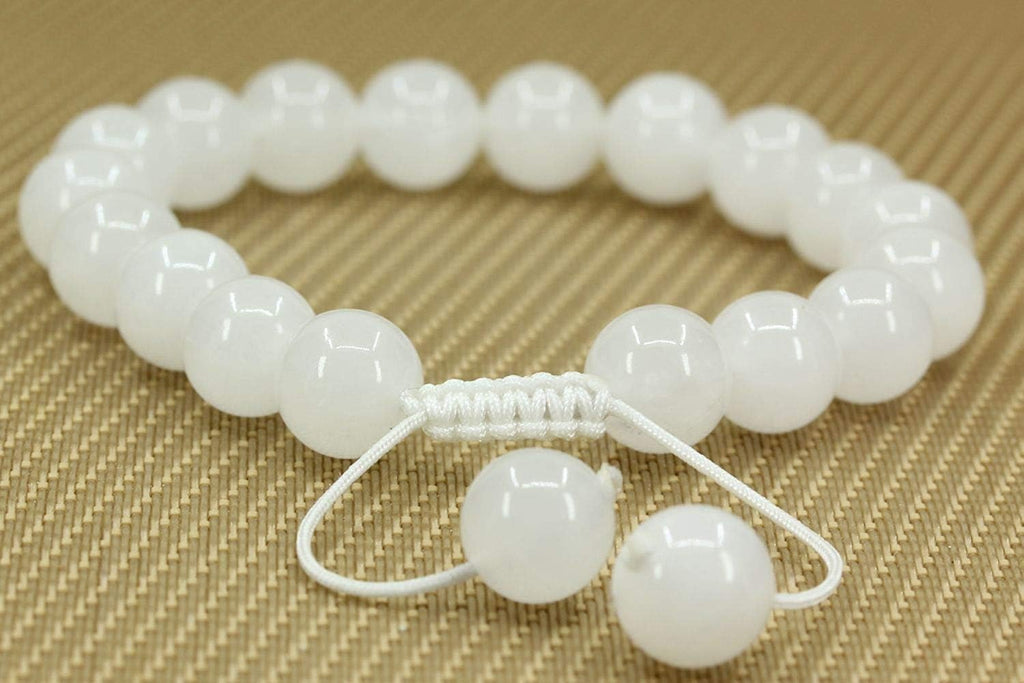 Angelstones Handmade Gemstone 10mm White Jade Round Beads Adjustable Braided Macrame Tassels Chakra Reiki Bracelets 7-9 inch Unisex