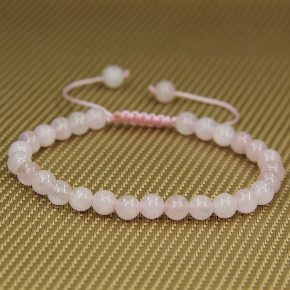 Natural Rose Crystal Gemstone 6mm Round Beads Adjustable Bracelet 7inch Unisex