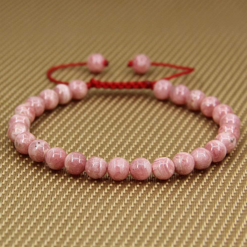 Natural A Grade Argentina Rhodochrosite Gemstone 6mm Round Beads Adjustable Bracelet 7inch Unisex
