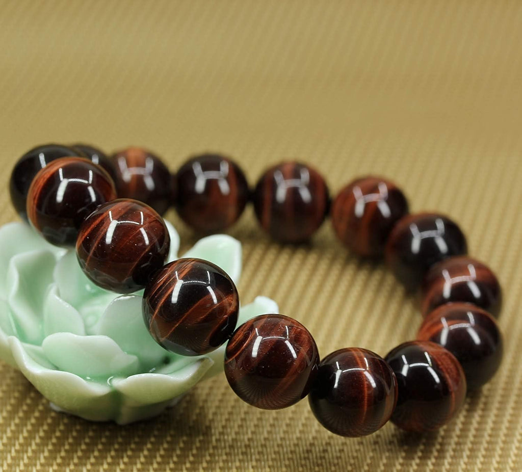 Angelstones Natural AA Grade Red Tiger Eye Genuine Semi-Precious Gemstones Healing Power Elastic Stretch 14mm Beads Beaded Bracelet 7inch