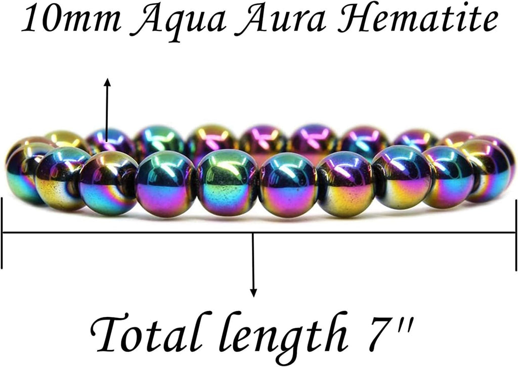 Angelstones Natural Aqua Aura Hematite Genuine Semi-Precious Gemstones Healing 10mm Beaded Stretch Bracelet 7inch Unisex