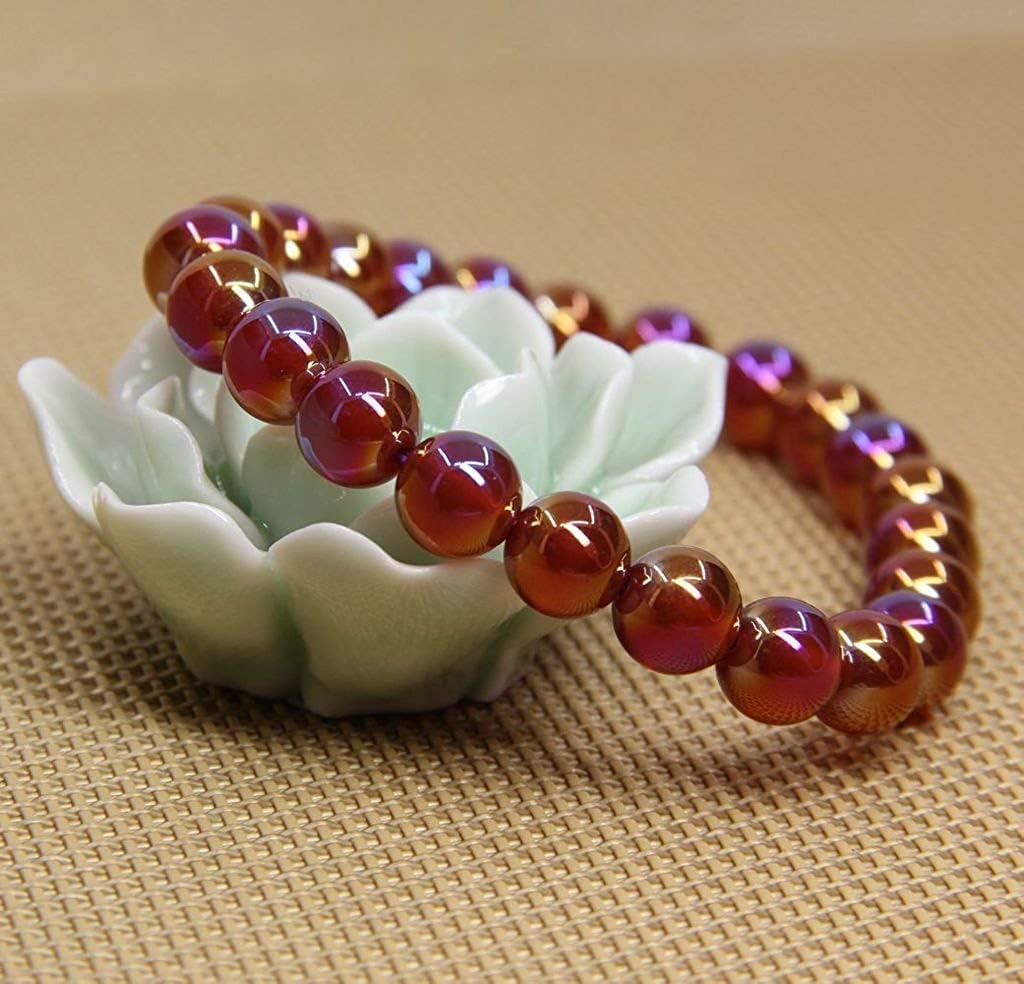 Multicolor Plated Red Agate Gem Semi Precious Gemstone 8mm Ball Beads Stretch Bracelet 7inch Unisex