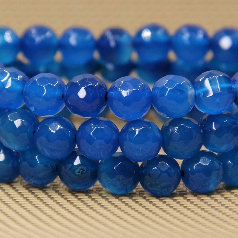 Natural Faceted Blue Agate Gemstone 8mm Round Beads Stretch Bracelet 7inch Unisex