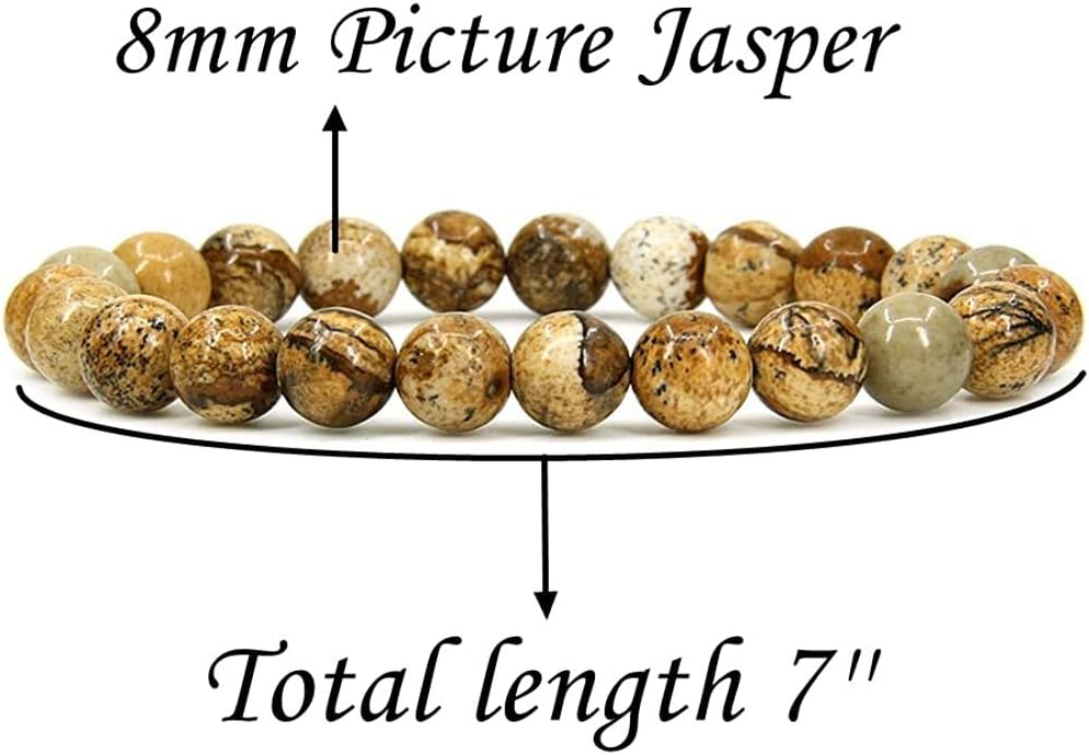 Angelstones Natural Picture Jasper Gemstone 8mm Round Beads Stretch Bracelet 7inch Unisex