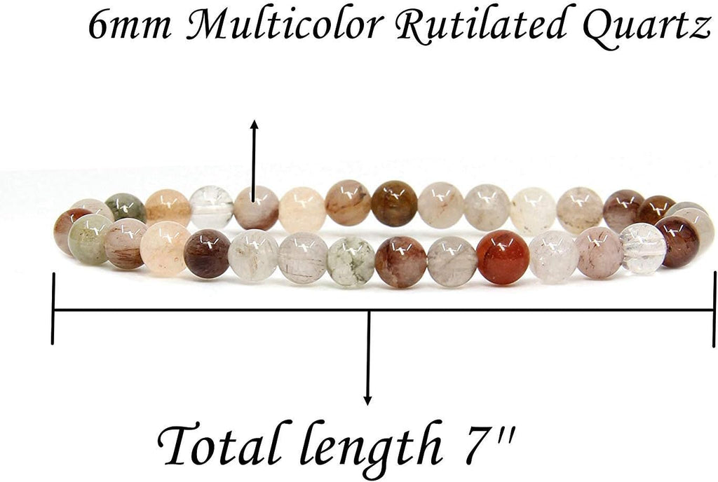Angelstones Natural Multicolor Rutilated Quartz Gemstone 6mm Round Beads Stretch Bracelet 7inch Unisex