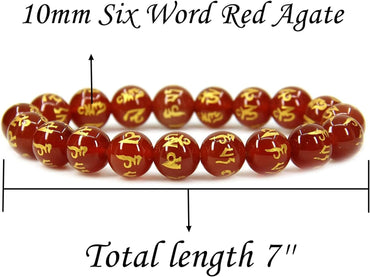 Natural Six Word Red Agate Genuine Semi Precious Gemstones Healing 10mm Beaded Stretch Bracelet 7inch Unisex