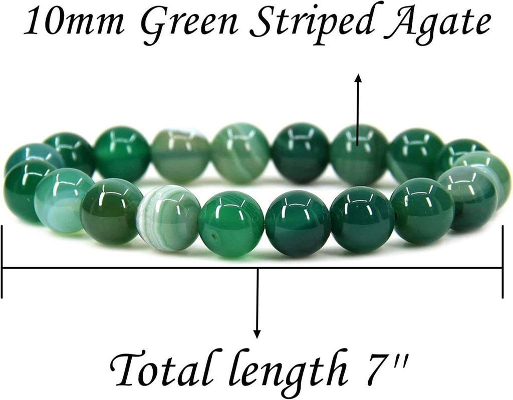Natural Green Striped Agate Genuine Semi Precious Gemstones Healing 10mm Beaded Stretch Bracelet 7inch Unisex