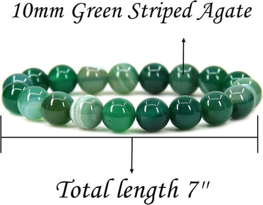 Natural Green Striped Agate Genuine Semi Precious Gemstones Healing 10mm Beaded Stretch Bracelet 7inch Unisex