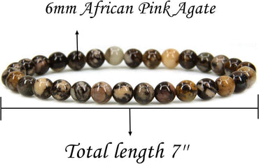 Angelstones Natural African Pink Agate Gemstone 6mm Round Beads Stretch Bracelet 7inch Unisex