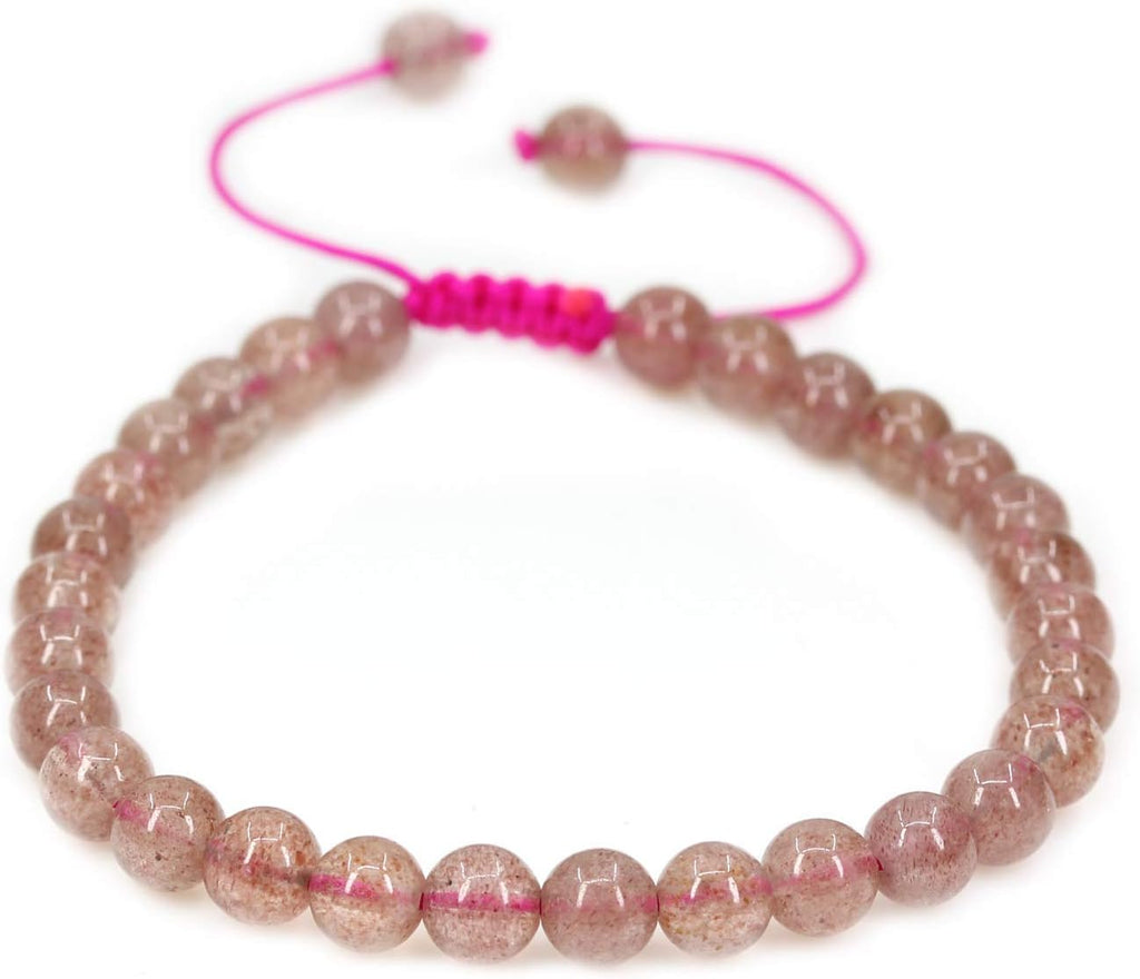 Angelstones Handmade Gemstone 6mm A Grade Strawberry Quartz Round Beads Adjustable Braided Macrame Tassels Chakra Reiki Bracelets 7-9 inch Unisex