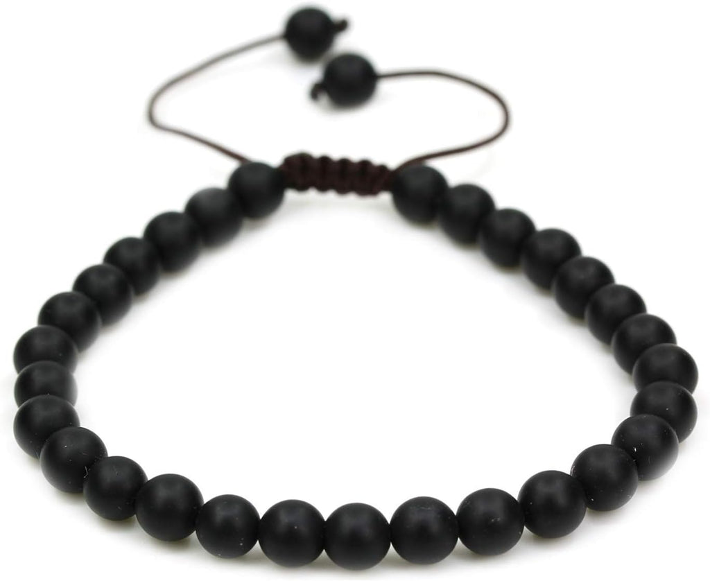 Angelstones Handmade Gemstone 6mm Matt Black Agate Round Beads Adjustable Braided Macrame Tassels Chakra Reiki Bracelets 7-9 inch Unisex