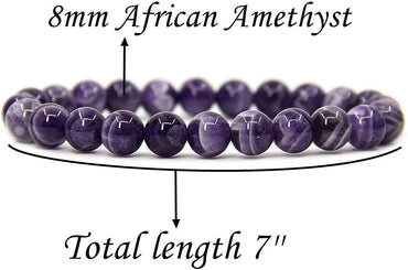 Natural African Amethyst Crystal Gemstone 8mm Round Beads Stretch Bracelet 7inch Unisex