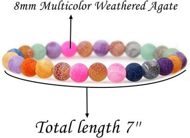 Natural Multicolor Weathered Agate Gemstone 8mm Round Beads Stretch Bracelet 7inch Unisex