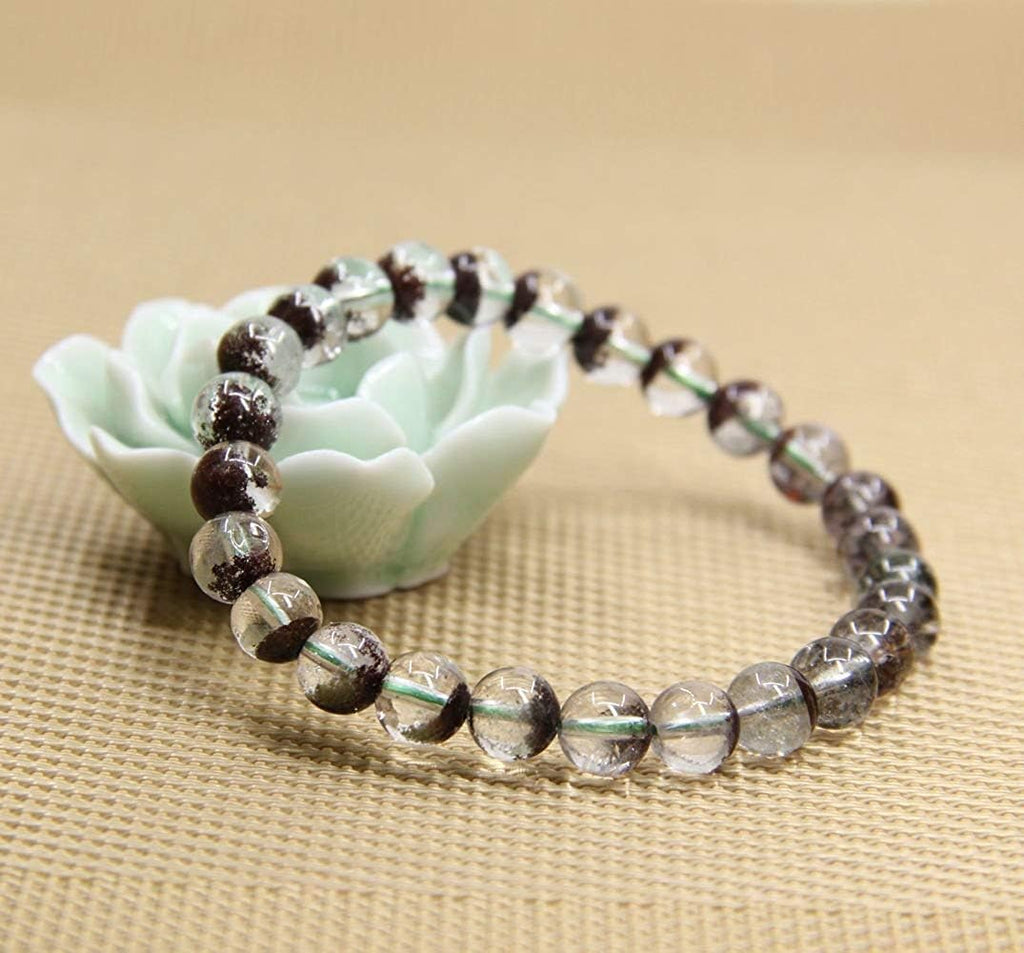 Natural Green Ghost Phantom Quartz Handmade Gemstone 8mm Round Beads Elastic Bracelet 7inch Unisex