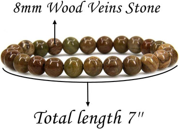 Natural Wood Veins Stone Gemstone 8mm Round Beads Stretch Bracelet 7inch Unisex