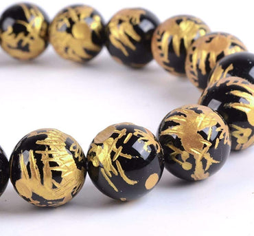 Angelstones Black Agate Gold Dragon Gemstone 10mm Round Beads Stretch Bracelet 7 Inch Unisex