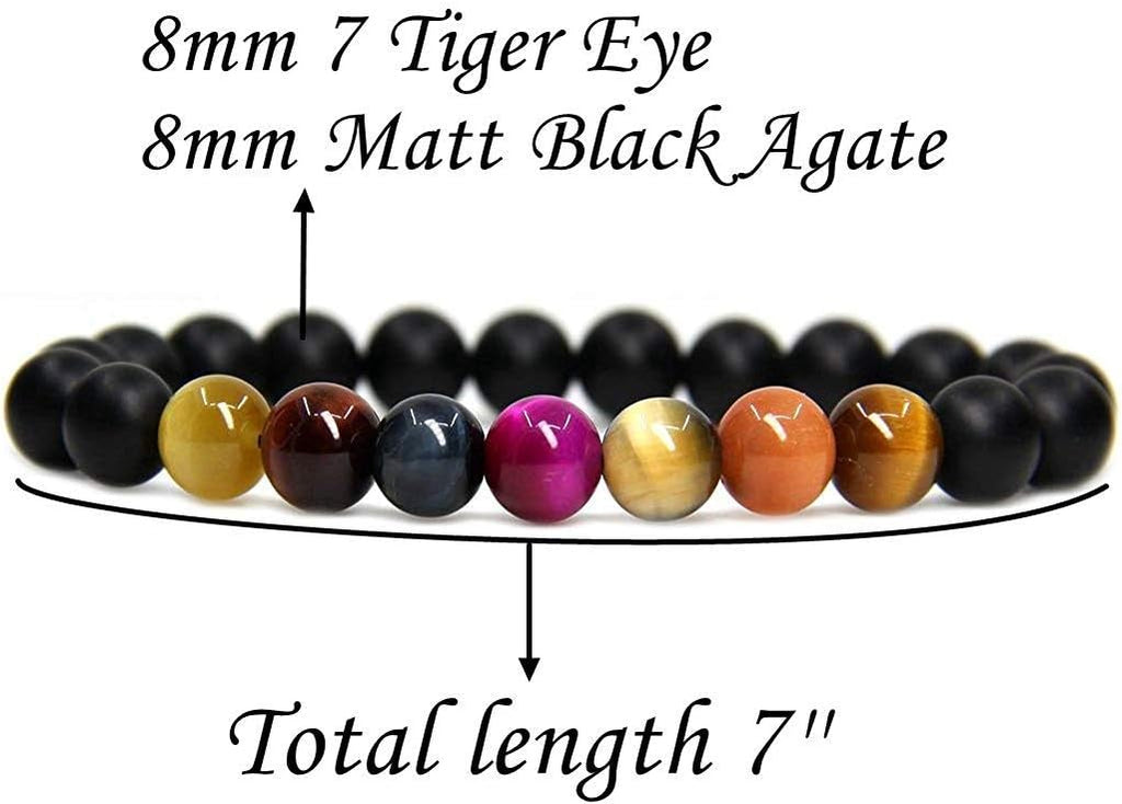 Natural Matt Black Agate and Mixed Tiger Eye Gemstone 8mm Round Beads Stretch Bracelet 7inch Unisex