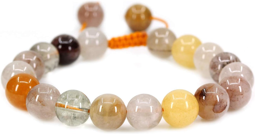 Angelstones Handmade Gemstone 10mm Multicolor Rutilated Quartz Round Beads Adjustable Braided Macrame Tassels Chakra Reiki Bracelets 7-9 inch Unisex
