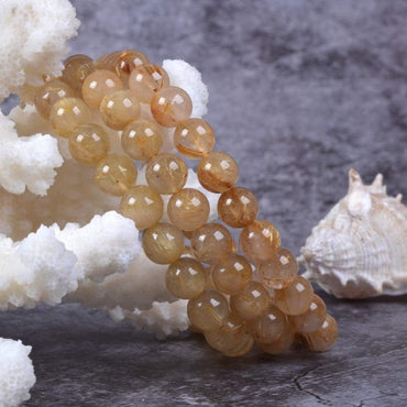 Natural Golden Rutilated Quartz Gemstone 8mm Round Beads Stretch Bracelet 7inch Unisex