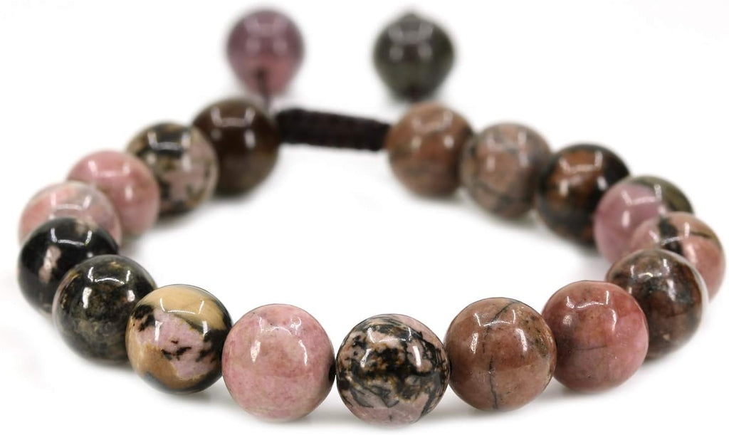Angelstones Handmade Gemstone 10mm Matrix Rhodonite Round Beads Adjustable Braided Macrame Tassels Chakra Reiki Bracelets 7-9 inch Unisex