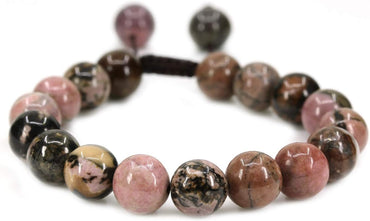 Angelstones Handmade Gemstone 10mm Matrix Rhodonite Round Beads Adjustable Braided Macrame Tassels Chakra Reiki Bracelets 7-9 inch Unisex