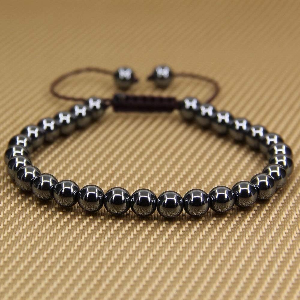 Natural Black Hematite Gemstone 6mm Round Beads Adjustable Bracelet 7inch Unisex
