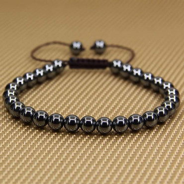 Natural Black Hematite Gemstone 6mm Round Beads Adjustable Bracelet 7inch Unisex