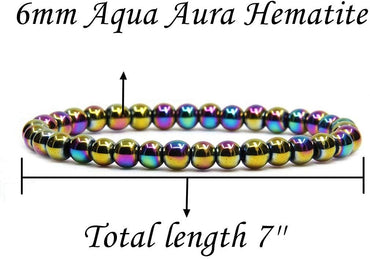 Angelstones Natural Aqua Aura Hematite Gemstone 6mm Round Beads Stretch Bracelet 7inch Unisex