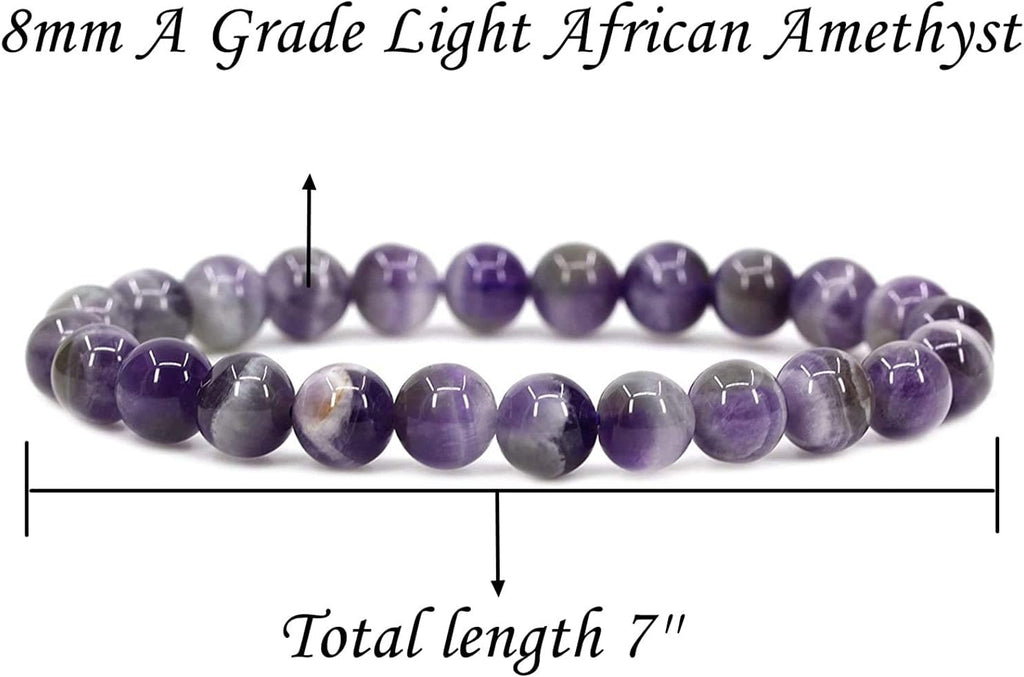 Angelstones Natural Light African Amethyst 8mm Round Beads Stretch Bracelet 7inch Unisex