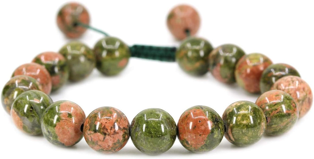 Angelstones Handmade Gemstone 10mm Unakite Round Beads Adjustable Braided Macrame Tassels Chakra Reiki Bracelets 7-9 inch Unisex