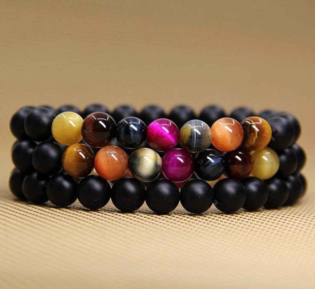 Natural Matt Black Agate and Mixed Tiger Eye Gemstone 8mm Round Beads Stretch Bracelet 7inch Unisex