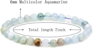 Natural Multicolor Aquamarine Gemstone 6mm Round Beads Stretch Bracelet 7inch Unisex