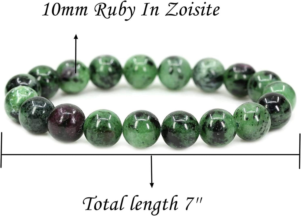 Angelstones Natural Ruby in Zoisite 10mm Round Beads Stretch Bracelet 7inch Unisex