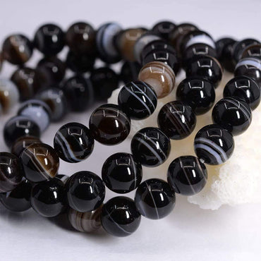 Black Banded Agate Gemstone 8mm Round Beads Stretch Bracelet 7inch Unisex