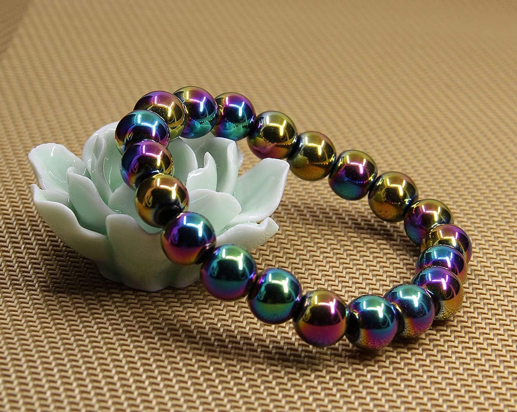 Angelstones Natural Aqua Aura Hematite Genuine Semi-Precious Gemstones Healing 10mm Beaded Stretch Bracelet 7inch Unisex