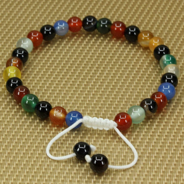 Natural Multicolor Agate Gemstone 6mm Round Beads Adjustable Braided Macrame Tassels Chakra Reiki Bracelets 7-9 inch Unisex