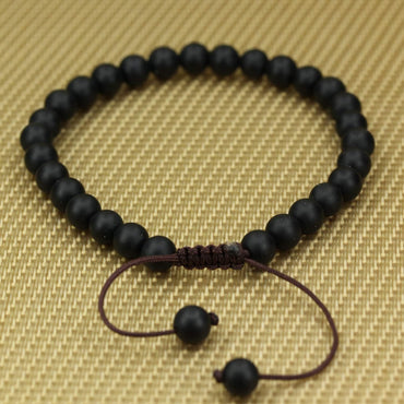 Angelstones Handmade Gemstone 6mm Matt Black Agate Round Beads Adjustable Braided Macrame Tassels Chakra Reiki Bracelets 7-9 inch Unisex