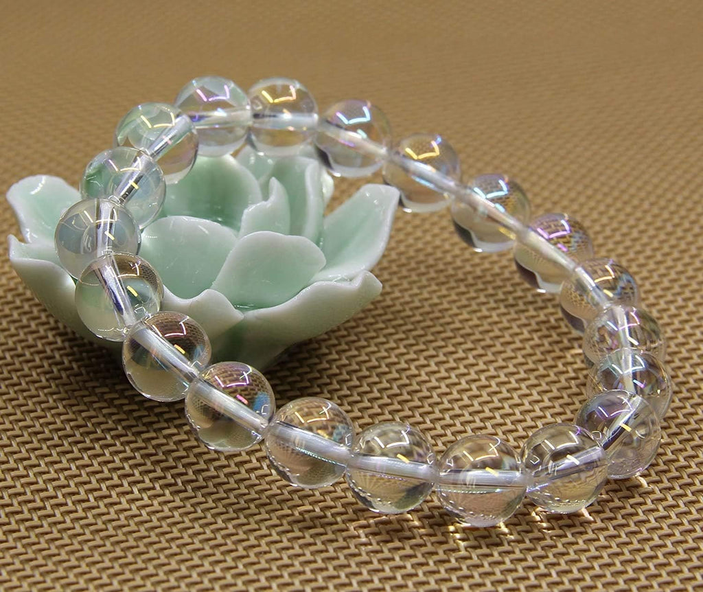 Aqua Aura Clear Quartz Gemstones Healing Power Crystal Elastic Stretch Beaded Bracelet 7inch Unisex,10mm Beads