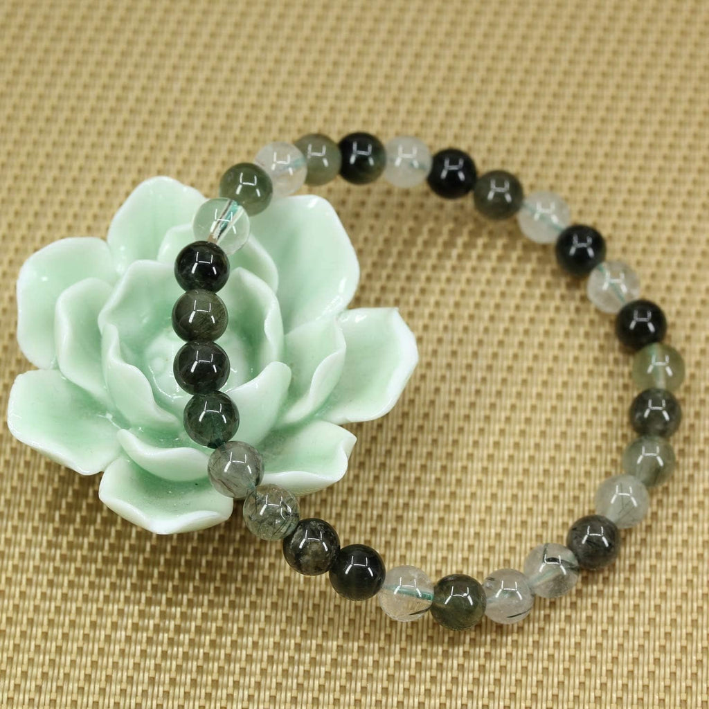 Natural Green Rutilated Quartz Gemstone 6mm Round Beads Stretch Bracelet 7inch Unisex