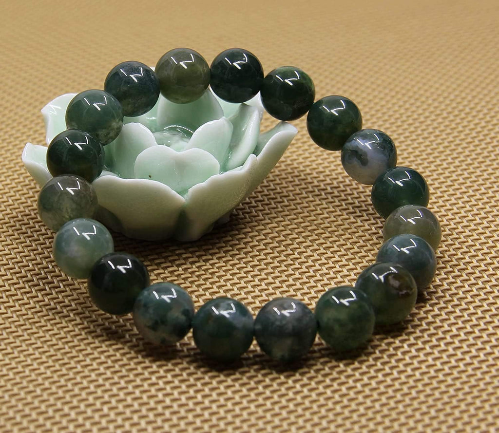 Angelstones Natural Moss Agate Genuine Semi-Precious Gemstones Healing 10mm Beaded Stretch Bracelet 7inch Unisex